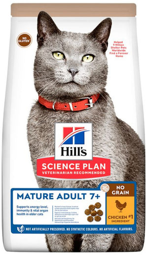 Hill's Science Plan Feline Mature Adult No Grain Chicken Dry 1,5 kg – Bezobilné krmivo pro starší kočky s kuřetem, balení 1,5 kg.