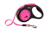 Vodítko FLEXI Neon S pásek 5m/15kg černá/růžová, ideální pro psy do 15 kg, s reflexními prvky pro lepší viditelnost.