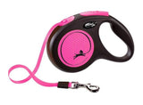 Vodítko FLEXI Neon M pásek 5m/25kg černá/růžová, flexibilní vodítko pro psy, délka 5 metrů, vhodné pro psy do 25 kg, černá a růžová barva.