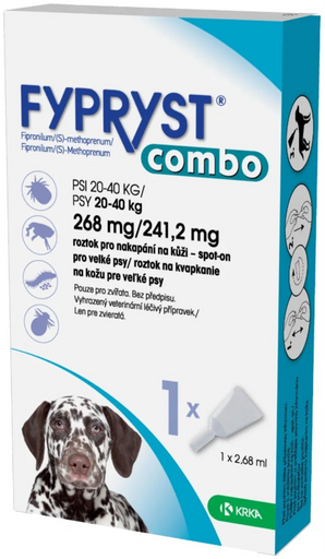 Fypryst Combo Spot-on 268/241,2 mg – antiparazitární pipeta pro velké psy (20–40 kg) proti blechám, klíšťatům a všenkám. Dlouhodobá ochrana až 8 týdnů.