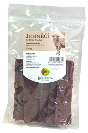 Plátky jehněčí, 100 g, delikátní a výživné kousky pro psa.