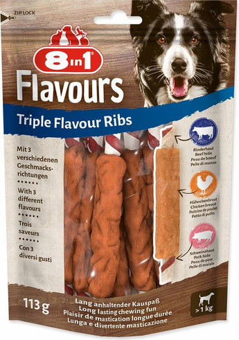 Pochoutka 8in1 Triple Flavour Ribs (6ks) – Pochoutka pro psy ve tvaru žeber, balení 6ks