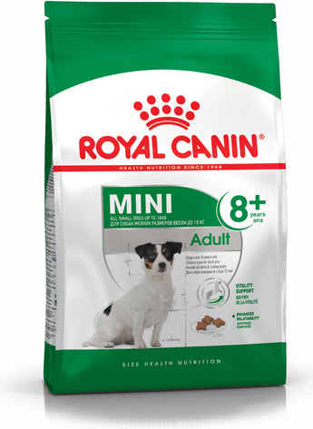 Royal Canin Mini Adult 8+ 2kg – Krmivo pro starší psy malých plemen, balení 2 kg.