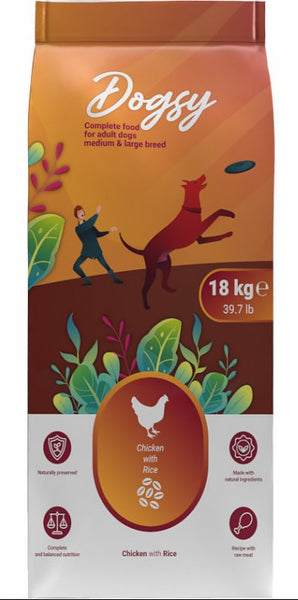 Kraftia DOGSY Adult M/L Chicken & Rice 18kg - Krmivo pro psy s kuřetem a rýží, ideální pro zdravý a energický život.