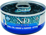 N&D CAT OCEAN Adult Tuna & Cod & Shrimp & Pumpkin, 70 g, lahodné krmivo pro kočky.