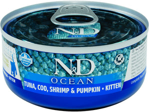 N&D CAT OCEAN Adult Tuna & Cod & Shrimp & Pumpkin, 70 g, lahodné krmivo pro kočky.