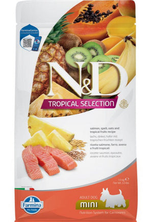 N&D TROPICAL SELECTION DOG Adult Mini Salmon, 1,5 kg, krmivo s lososem pro malé psy.