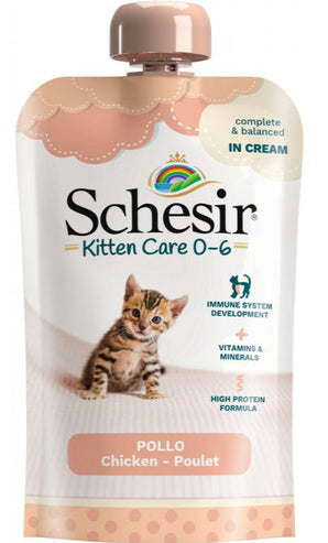 Schesir Cat kapsa Kitten kuře v krému 150g - Krémová kapsa pro koťata s kuřecím masem, podporující zdravý růst a vitalitu.