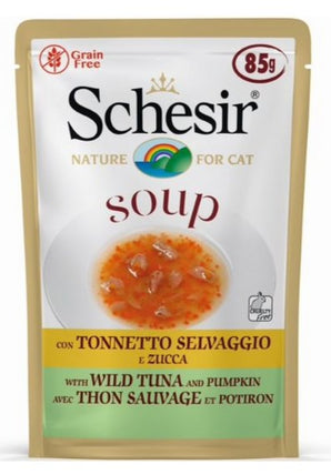 Schesir Cat kapsa Adult Soup tuňák/dýně 85g - Polévková kapsa pro kočky s tuňákem a dýní, ideální pro podporu trávení.