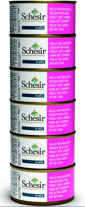 Schesir Cat konz. Adult kuře/šunka 6x85g - Kapsa pro dospělé kočky s kuřecím a šunkou, bohatá na proteiny pro zdraví a vitalitu.