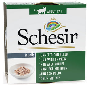 Schesir Cat konz. Adult tuňák/kuře 85g - Kapsa pro dospělé kočky s tuňákem a kuřetem, bohatá na proteiny pro kočičí energii.