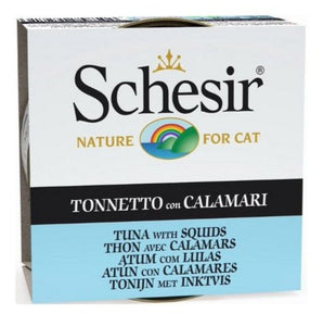 Schesir Cat konz. Adult tuňák/oliheň 85g - Kapsa pro kočky s tuňákem a olihní, bohatá na omega-3 mastné kyseliny pro zdraví srsti.