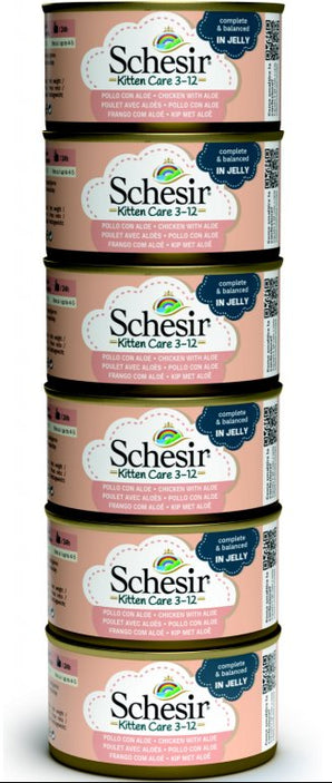 Schesir Cat konz. Kitten kuře/aloe 6x85g - Kapsa pro koťata s kuřecím a aloe, ideální pro podporu trávení a růstu.