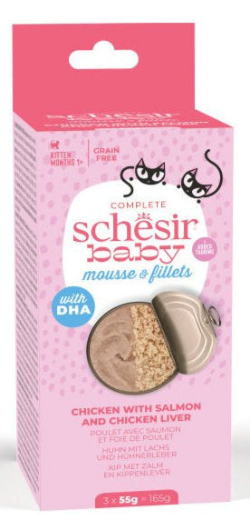 Schesir Cat konz. Kitten Mix Texture kuře/losos 3x55g - Různé textury kapsiček pro koťata s kuřecím a lososem, ideální pro zdraví.