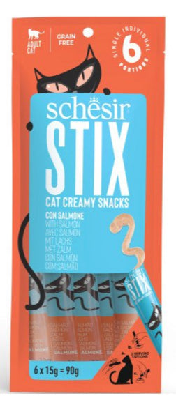 Schesir Cat pochoutka Stix Liquid Snack losos 6x15g - Tekuté pamlsky pro kočky s lososem, ideální pro kočičí chutě.