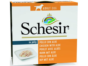 Schesir Dog konz. Adult kuře/aloe 150g - Konzerva pro psy s kuřecím masem a aloe, podporující zdraví trávení a kůže.