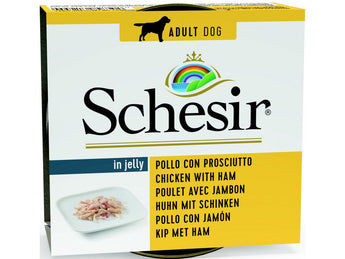 Schesir Dog konz. Adult kuře/šunka 150g - Konzerva pro psy s kuřecím a šunkou, bohatá na bílkoviny pro energii.