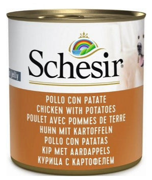 Schesir Dog konz. Adult kuře/brambory 285g - Konzerva pro psy s kuřecím a bramborami, ideální pro vyváženou stravu.