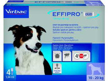Effipro DUO Dog M, (10-20 kg), 134/40 mg, 4x1,34 ml, antiparazitní ochrana.