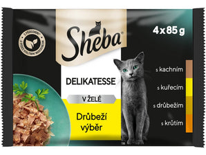 Sheba kapsa Drůbeží výběr v želé 4x85g - Malé balení kapsy s drůbežím výběrem pro kočky, poskytuje vyvážený zdroj bílkovin a vitamínů.