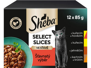 Sheba kapsa Šťavnatý výběr ve šťávě 12x85g - Lahodný šťavnatý mix pro kočky, který podporuje chuť k jídlu a zajišťuje optimální výživu.