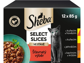 Sheba kapsa Šťavnatý výběr ve šťávě 12x85g - Lahodný šťavnatý mix pro kočky, který podporuje chuť k jídlu a zajišťuje optimální výživu.