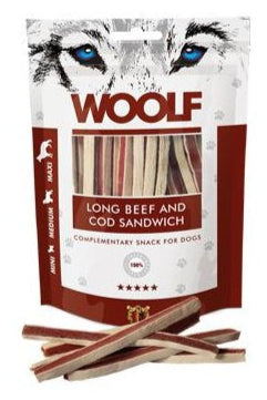 WOOLF pochoutka soft beef and cod sandwich long 100g - Měkké pamlsky z hovězího masa a tresky, ideální pro každodenní pamlskování.