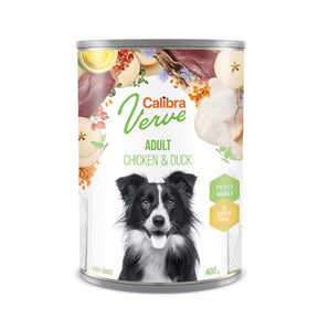 Calibra Dog Verve konz. GF Adult Chicken&Duck 400 g, bezobilná konzerva s kuřetem a kachnou pro dospělé psy.