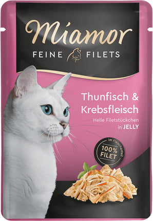 Miamor Feine Filets Tuňák & Krabí maso v želé 100 g – Konzerva s tuňákem a krabím masem v želé, balení 100 g.