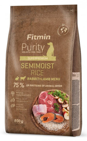 Poloměkké krmivo Fitmin dog Purity Rice s králíkem a jehněčím pro psy, 800 g.