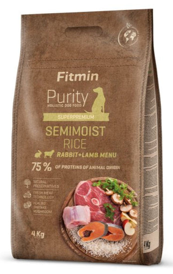 Poloměkké krmivo Fitmin dog Purity Rice s králíkem a jehněčím pro psy, 4 kg.