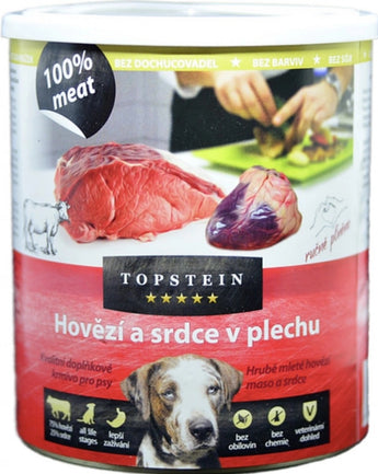 Topstein Hovězí a srdce v plechu, 800 g, lahodné krmivo pro psy.