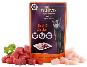Nuevo kočičí adult kuře a hovězí 85 g – Konzerva pro kočky s kuřecím a hovězím masem, balení 85 g.