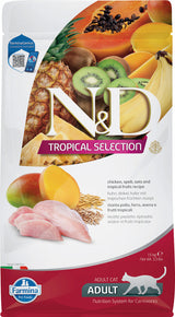 N&D TROPICAL SELECTION CAT Adult Chicken 1,5 kg – Krmivo pro dospělé kočky s kuřecím masem, podpora vitality, balení 1,5kg.