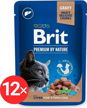 Brit Premium Cat Pouches Liver for Sterilised 12 x 100 g – Sada kapsiček s játry pro sterilizované kočky, balení 12 x 100 g.