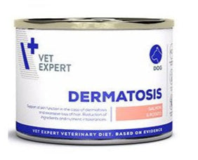 Konzerva VetExpert VD 4T Dermatosis s lososem a bramborami pro psy s kožními problémy, 200 g.
