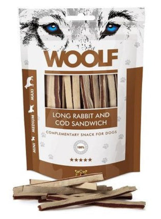 WOOLF pochoutka soft Rabbit&Cod sandwich long 100g - Dlouhý pamlsek z králíka a tresky pro psy, bohatý na bílkoviny a omega-3 mastné kyseliny.