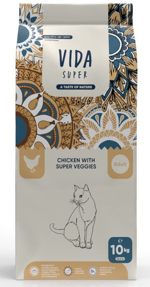 Kraftia VIDA SUPER CAT Adult Chicken & Veggies 10 kg – Krmivo pro dospělé kočky s kuřecím masem a zeleninou, balení 10 kg.