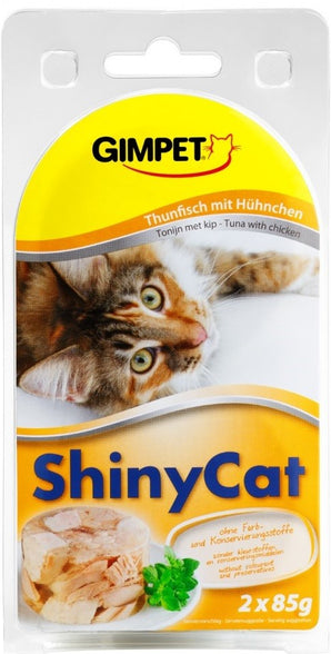 GimPet ShinyCat tuňák & kuře 2 x 70 g – Konzerva pro kočky s tuňákem a kuřetem, balení 2 x 70 g.