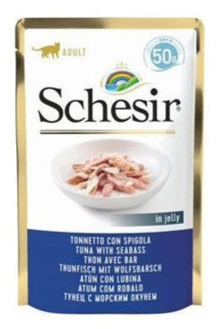 Schesir Cat kapsa Adult tuňák/moř. okoun 50g - Kapsa pro kočky s tuňákem a mořským okounem, podporující zdraví trávicího systému.