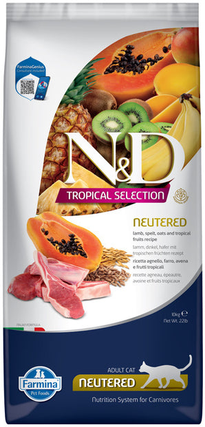 N&D TROPICAL SELECTION CAT Lamb Neutered 10 kg - Krmivo pro kastrované kočky s jehněčím masem. Balení 10 kg.