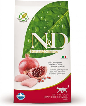 N&D GF Prime CAT Adult Chicken & Pomegranate 1,5 kg – Bezobilné krmivo pro dospělé kočky s kuřecím a granátovým jablkem, balení 1,5kg.