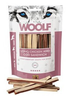 WOOLF pochoutka soft chicken and cod sandwich long 100g - Měkké tyčinky z kuřecího masa a tresky, skvělé pro zdraví a vitalitu.