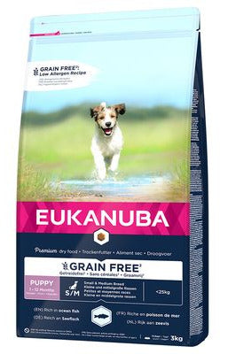 Eukanuba Dog Puppy&Junior Small&Medium Grain Free 3kg – Grain Free krmivo pro štěňata malých a středních plemen, balení 3kg