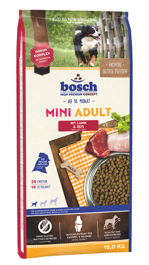 Bosch Dog Adult Mini Lamb & Rice, 15 kg, hypoalergenní krmivo pro malé psy.