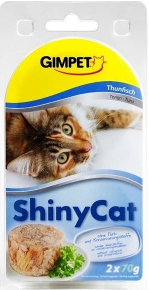 GimCat ShinyCat tuňák 2 x 70 g – Konzerva pro kočky s tuňákem, balení 2 x 70 g.