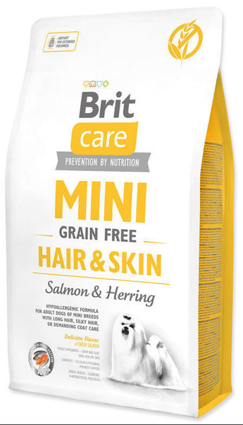 Brit Care Dog Mini Grain Free Hair & Skin 2kg – Krmivo pro malé psy s citlivou srstí, balení 2 kg.