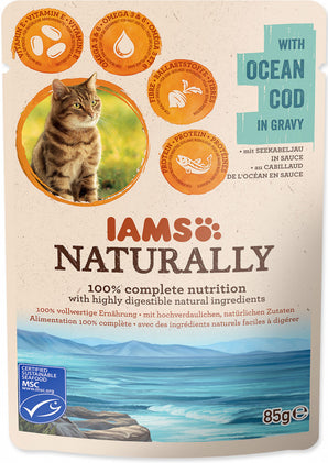 Iams Naturally treska v omáčce 85 g – Konzerva pro kočky s treskou, balení 85 g.