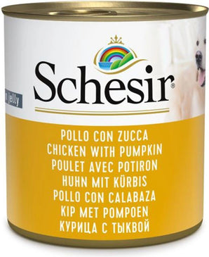 Schesir Dog konz. Adult kuře/dýně 285g - Konzerva pro psy s kuřecím a dýní, podporující zdraví trávení a pletiva.