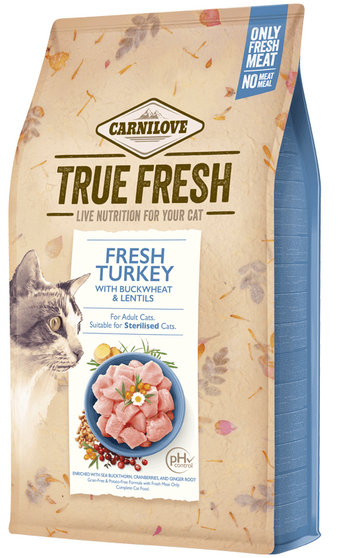 Carnilove Cat True Fresh Turkey 1,8kg - kompletní krmivo pro kočky s čerstvým krocanem, podporující zdraví a vitalitu s přirozeným poměrem živin a vitamínů.